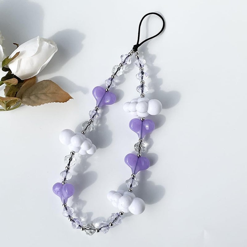 WCCH Beaded Phone Charm Y2K Kawaii Handmade Acrylic Phone Lanyard Wrist Strap for Camera Bag Airpods Keychain Charm Purple Heart with White Clouds - Image 4